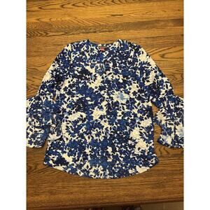 Vince Camuto Shirt Womens Blue Floral Flowy Ruffle Sleeve Asym. Hem V-Neck Sz Sm